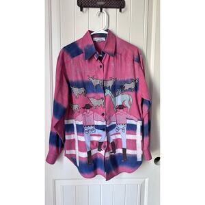 VTG Sandy Starkman Shirt Blouse Sz S Wearable Art Cotton Western Cowboy Horse